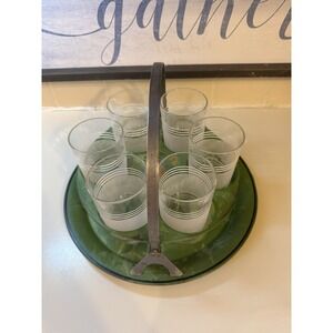 Vintage Jade Tole Painted Beverage Lemonade Ice Tea Caddy and Glasses
